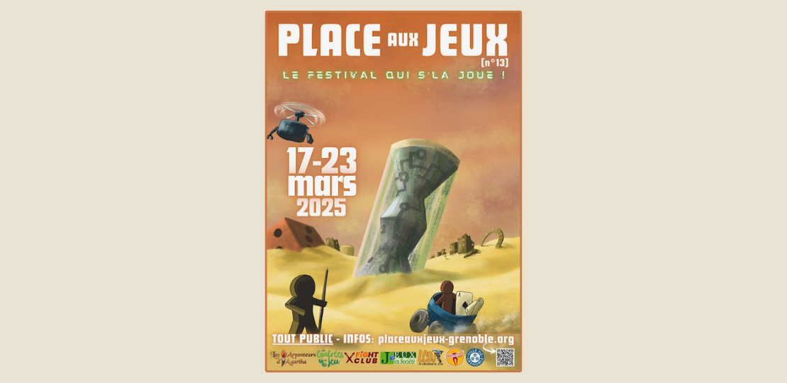 Affiche orange et jaune avec des pions dans un désert : festival Place aux Jeux 2025