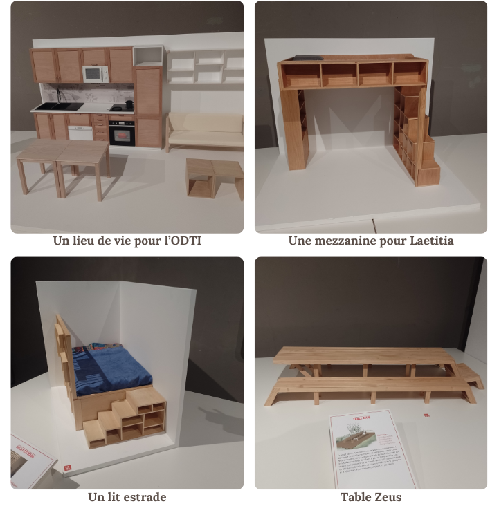 Photo de 4 maquettes : une cuisine, 2 lits estrades et une table d'extérieur 