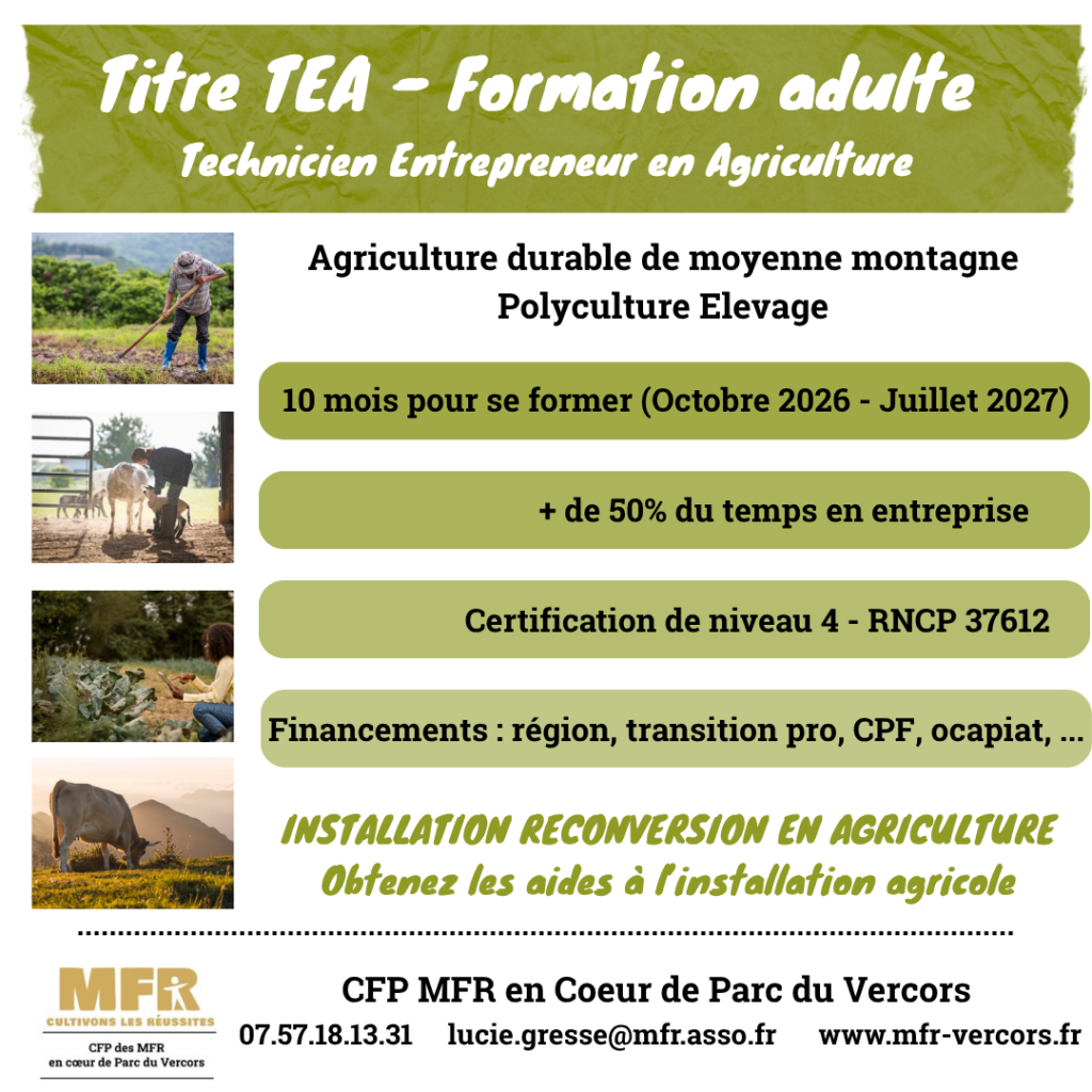 Formation adulte – Installation agricole – TEA (Technicien Entrepreneur en Agriculture)